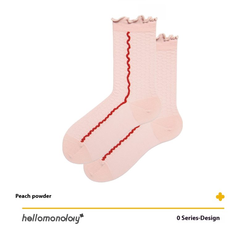 Women's Summer Thin Contrast Mid-length Socks Embossed Boneless Ear-edged Stockings Girls Black Cotton Socks - Image 9
