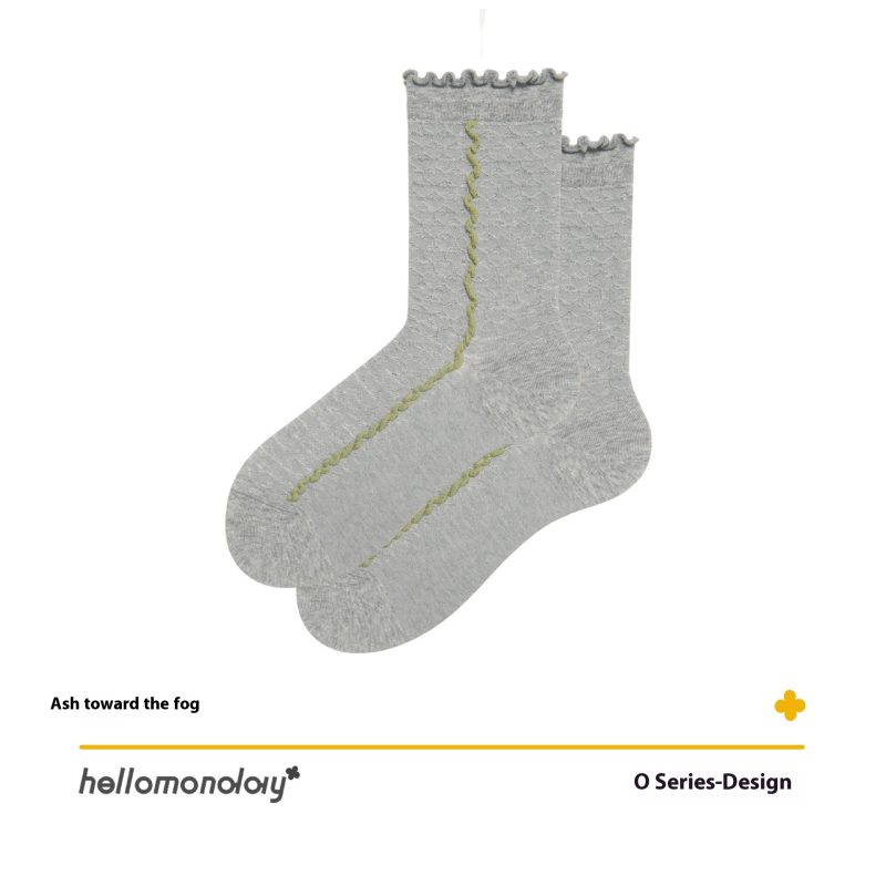 Women's Summer Thin Contrast Mid-length Socks Embossed Boneless Ear-edged Stockings Girls Black Cotton Socks - Image 5