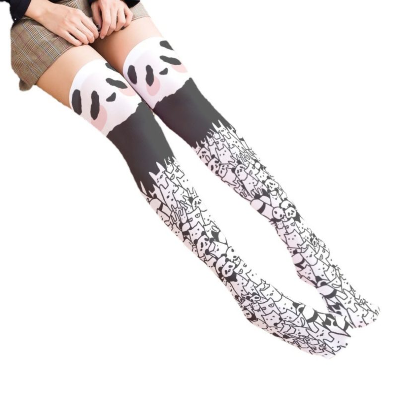 Printed Silk Stockings Thin Women's Spring and Autumn Japanese Style Lolita Cute Animation Over-the-Knee Long White Velvet Socks