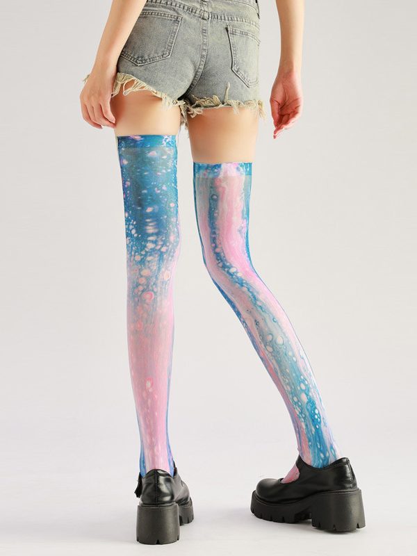 Blue Pink Dream Print Stockings - Literary High Tube Color Line Socks