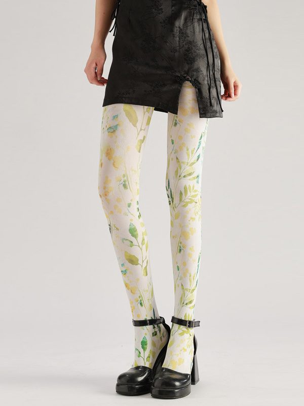 Green Leaf Pantyhose - Artistic Floral Tights for Women