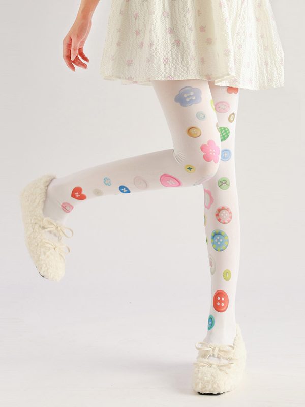 Literary Style Button Pantyhose - Unique Printed Tights for Women