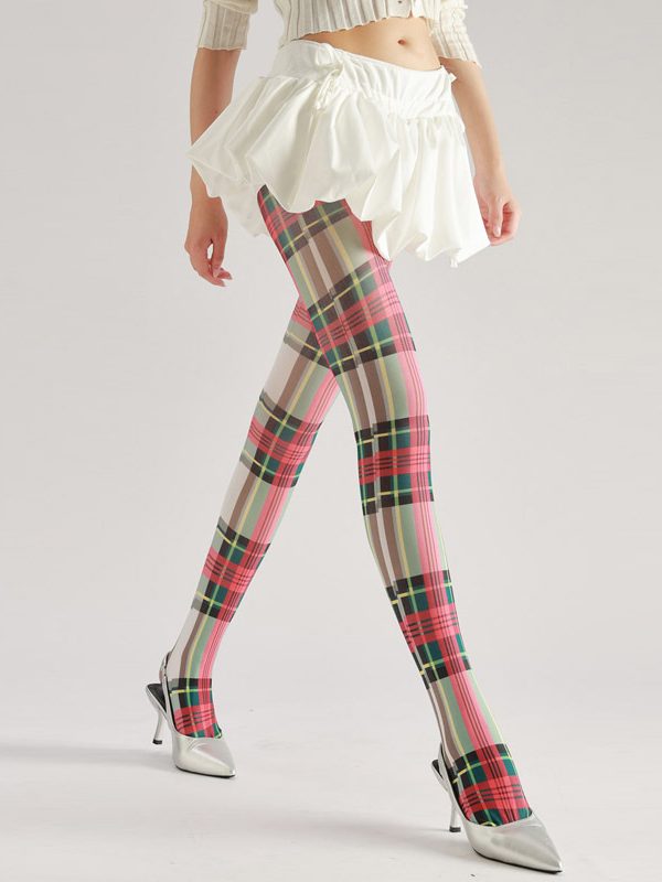 Red & Green Plaid Pantyhose: British Style Grid Pattern Stockings