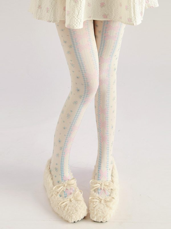 Cute Pink Bowknot Lolita Pantyhose - Floral COS Stockings
