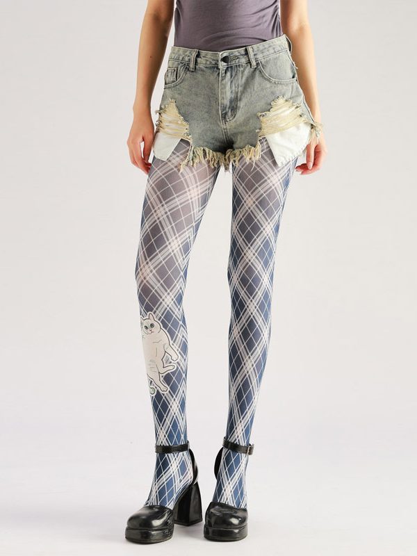Diamond Lattice Cat Pantyhose - Cute Printed Tights for Women