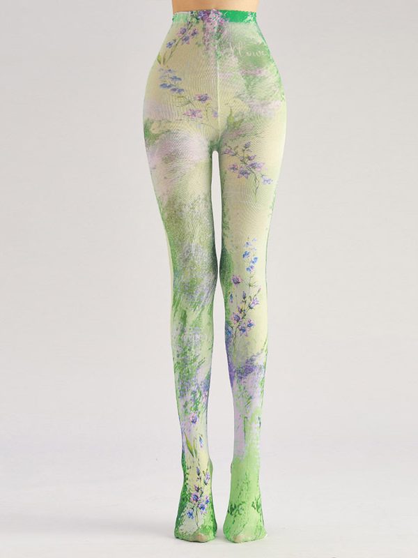 Green Leaf Floral Pantyhose - Artistic Botanical Tights for Women