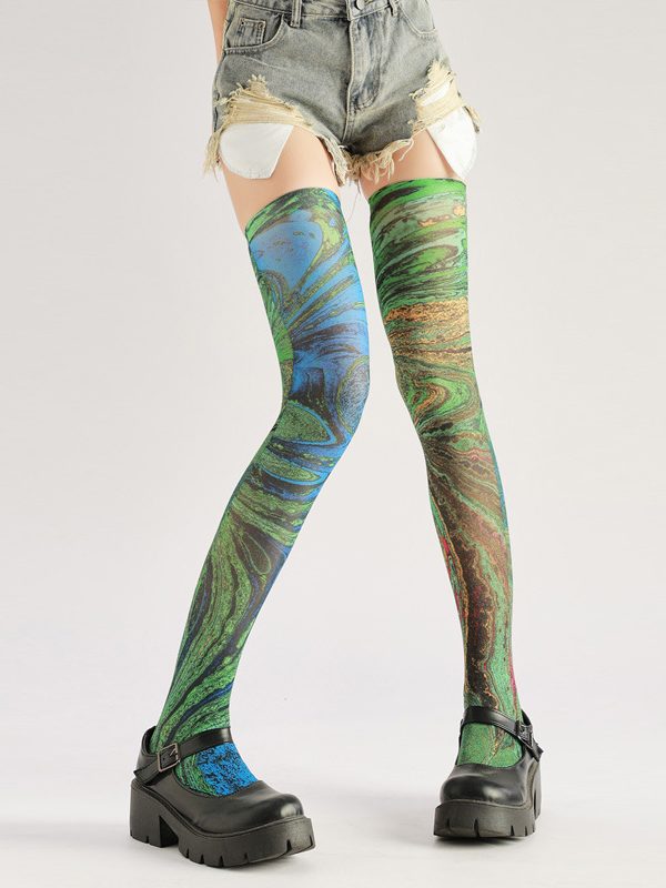 Blue Green Abstract Art Thigh High Socks - Oil Film Print Stockings
