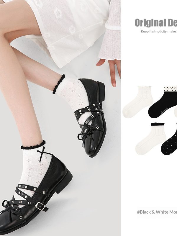 R5028 Socks Spring/Summer Women's Black and White Casual Socks Women's Thin Ship Socks Cotton Breathable Mesh Socks Children
