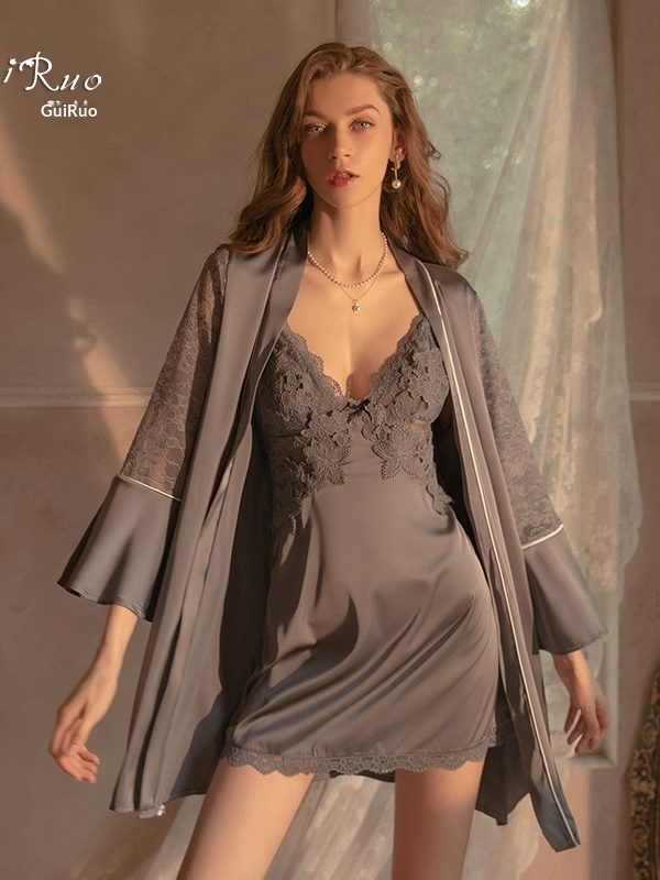 Sexy Cross Backless Embroidered Lace and Chest Pad Satin Nightdress Gown Women's Home suit