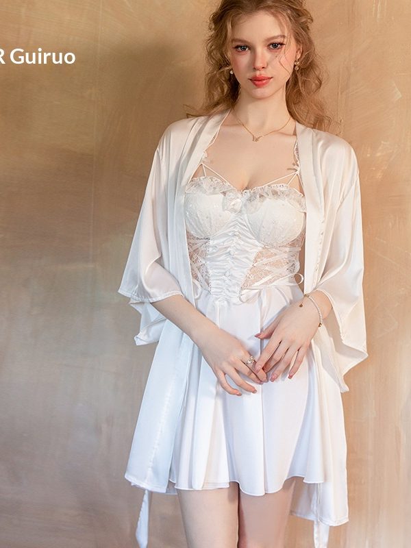 Pure Desire Low-Cut See-Through Lace Strap Temptation Sexy Nightgown with Chest Pads and Robe Home Set