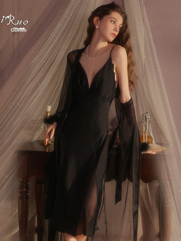 Sexy Gathered Low-Cut Nightdress with Luxurious Temptation, Silky Satin Long Nightgown and Robe Home Set