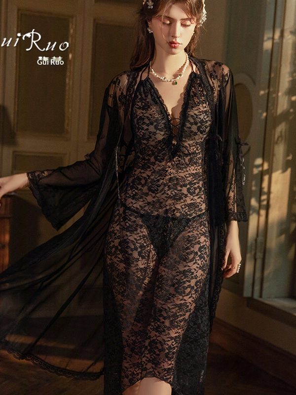 Sexy Lingerie Long Nightgown Halter Neck Tie Sexy Backless See-Through Nightdress Robe Set