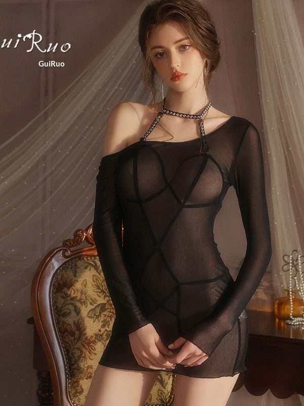 Sexy Lingerie Sweet and Alluring Off-Shoulder Open-Crotch Bodysuit Sexy Light Luxury Mesh Dress Set