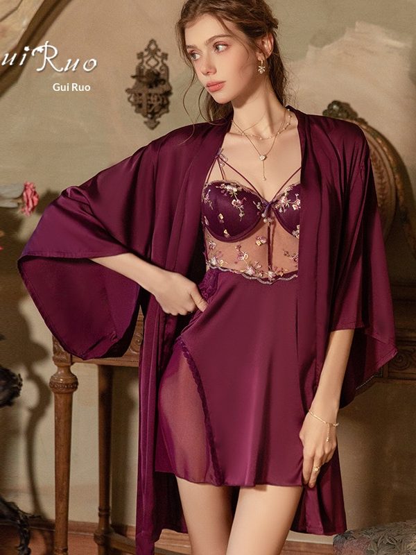 Rose Satin Embroidered Lace Padded Underwire Gathered Sheer Lace Backless Nightgown Robe Home Set