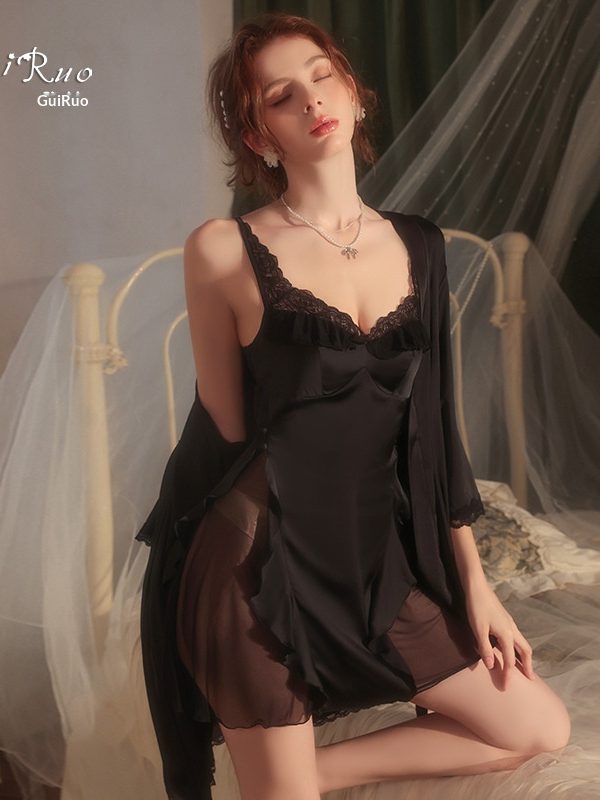 Luxurious and Alluring Satin Lingerie with a Sexy Sheer Mesh, Push-Up Padded Nightdress and Robe Set
