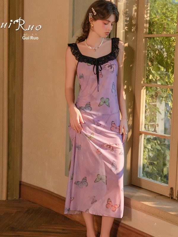 Sexy Backless Long Slim-Fit Butterfly Print Sweet and Alluring Lace-Up Flutter Sleeve Home Nightgown