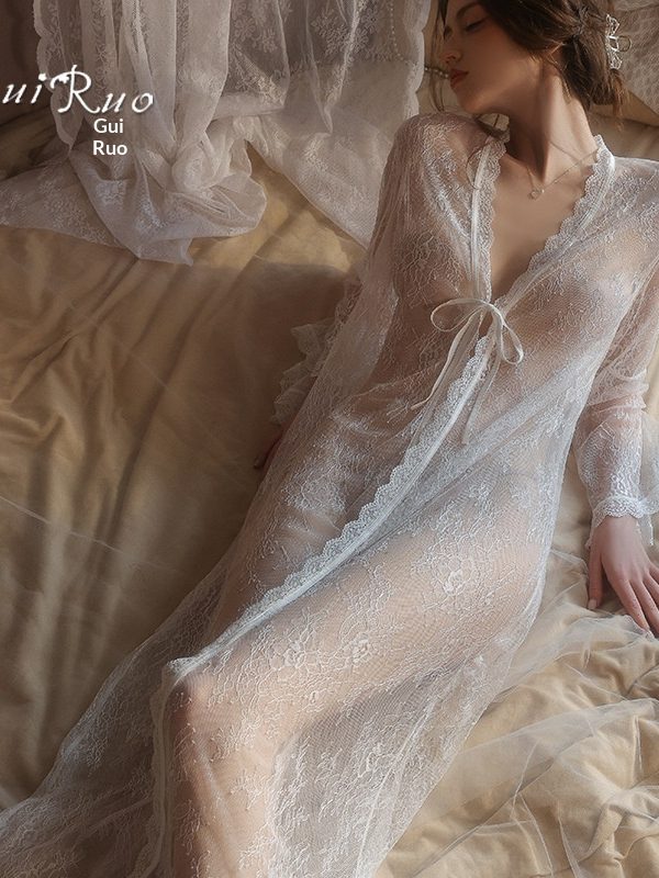 Sexy Lingerie Sweet Bow Tie Transparent Floral Lace Loose Nightgown Bathrobe Set